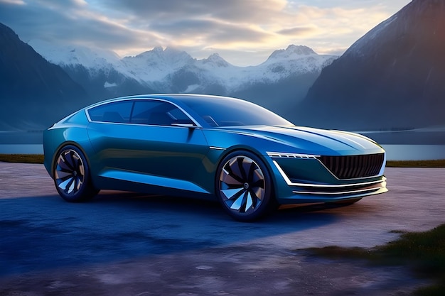 A blue volvo concept car with mountains in the background.