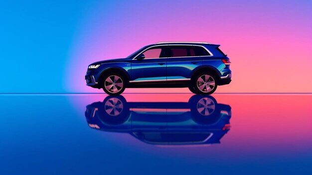 A blue volvo xc90 is parked in front of a neon - colored background.