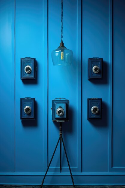 Blue wall background cameras surreal art