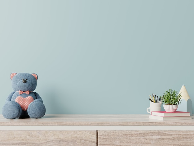 blue wall in child room interior white bear, plants on wooden floor.