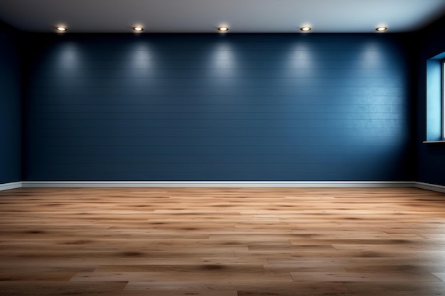 Blue wall in an empty room with a lamp and a light on it
