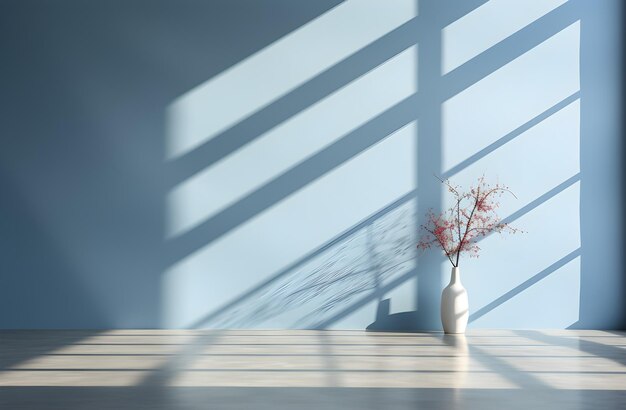 a blue wall in an empty room with light coming through a window