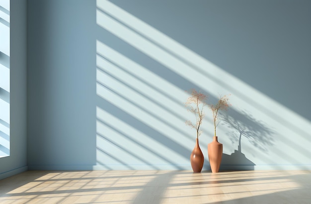 a blue wall in an empty room with light coming through a window