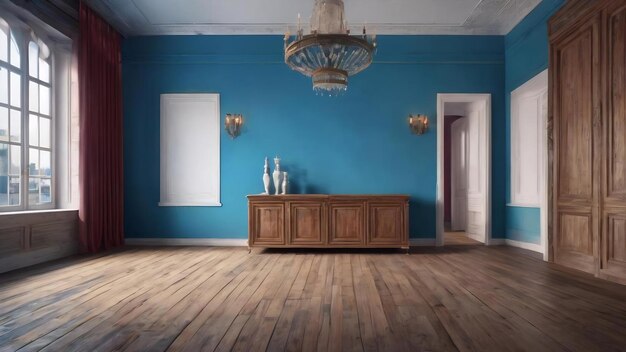 Blue wall in an empty room with wooden floor