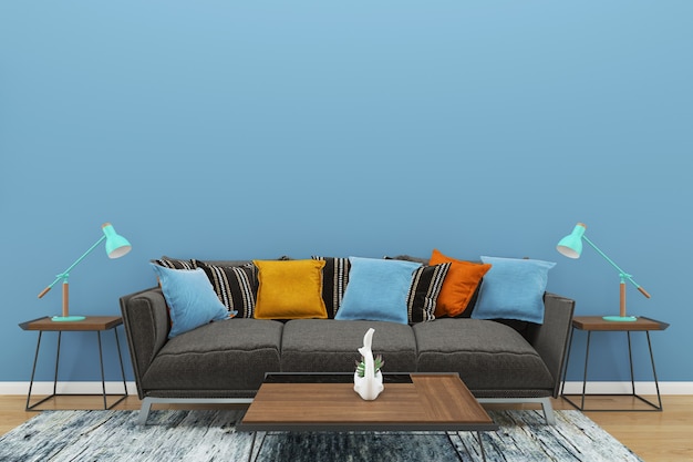 blue wall gray sofa copy space interior living room lamp wood floor