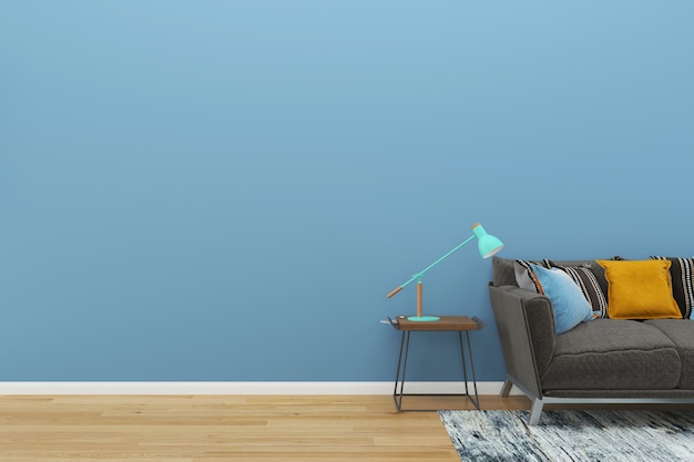 blue wall gray sofa wood floor background texture lamp green