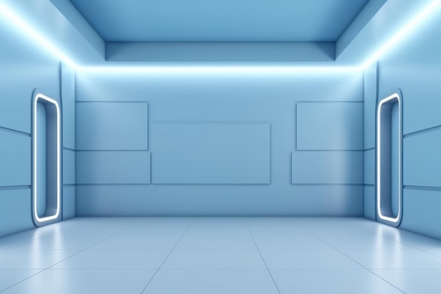 Blue wall in the interior with beautiful builtin lighting and a smooth floor Generative AI