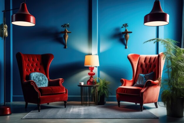 Blue wall red armchairs Generate Ai