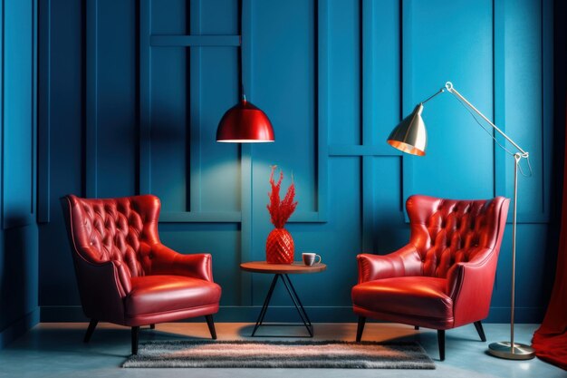 Blue wall red armchairs lights Generate Ai