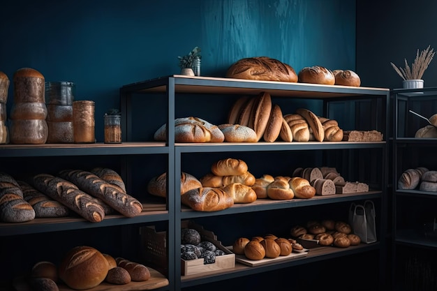 A blue wall with breads and other baked goods on it.