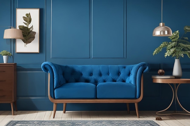 Blue wall with a brown furniture