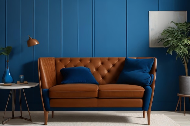 Blue wall with a brown furniture