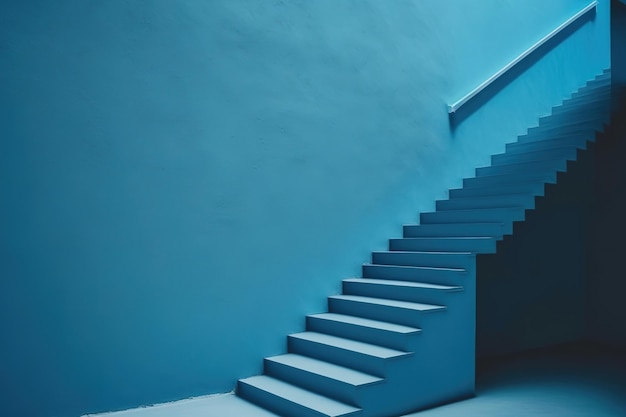 Blue wall with copyspace close by blue straight steps stairwell and blue wall background