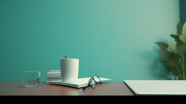 A blue wall with a cup of coffee and a laptop on top of it.