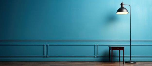 Photo a blue wall with a floor lamp and a chair