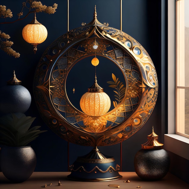 A blue wall with a gold and blue lamp and a gold circle with a picture of a moon.