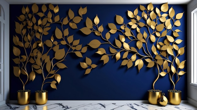 A blue wall with gold leaves and a gold candle holder.