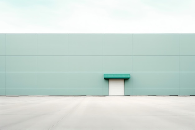 A blue wall with a green awning and a white door.