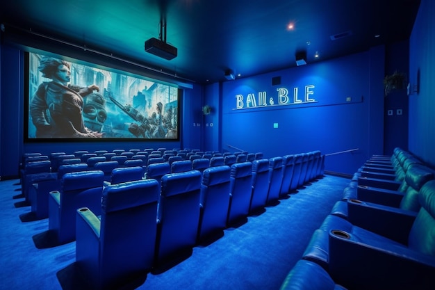 A blue wall with a large screen that saysblue