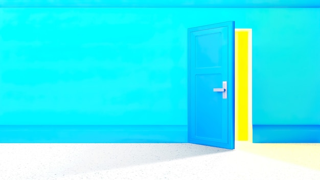 Photo blue wall with opened door and bright yellow light coming through