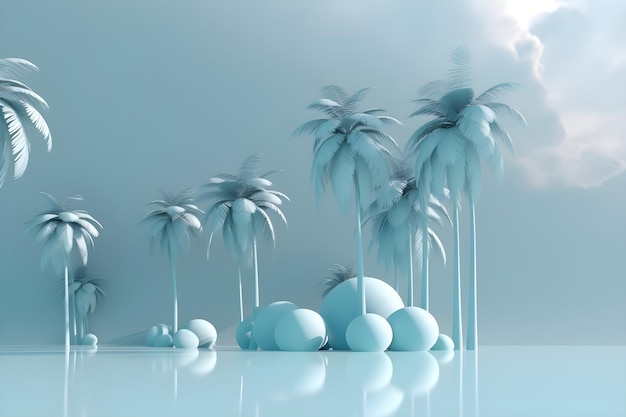 A blue wall with palm trees and a white background