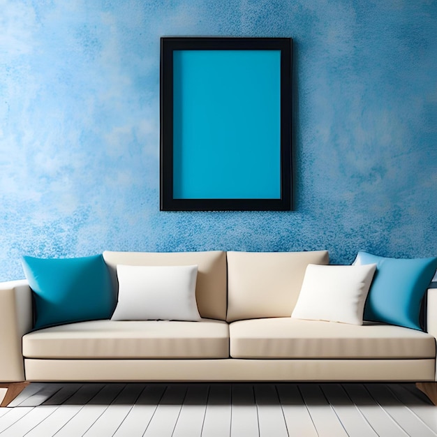 A blue wall with a picture of a couch and a picture frame.