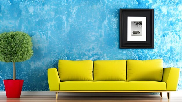 A blue wall with a picture of a yellow couch and a picture frame with a blue background with a picture frame.