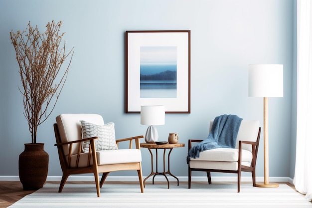 A blue wall with a plant in the corner and two chairs with a lamp on it.