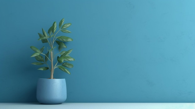 A blue wall with a plant in it