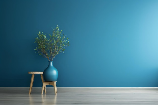 A blue wall with a plant in a vase and a stool in front of it.