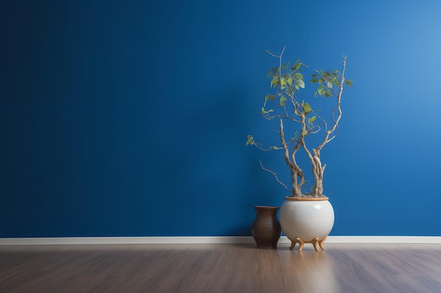 A blue wall with a plant in a white pot in front of a blue wall.