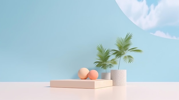 Photo a blue wall with a potted palm tree and a podium in the middle summer product presentation