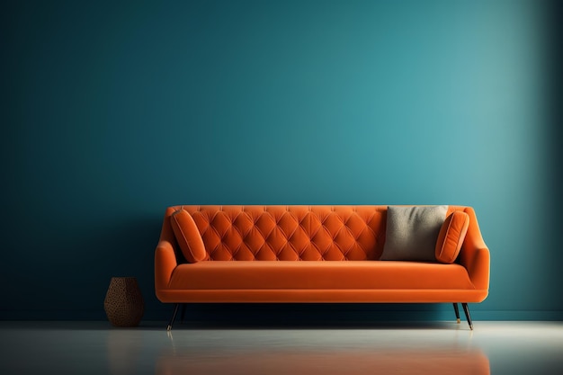 A blue wall with a red couch in front of it