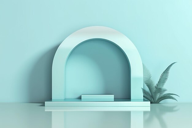 A blue wall with a round podium and a plant on it Generative ai