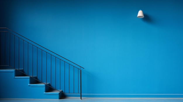 a blue wall with a stair and a light