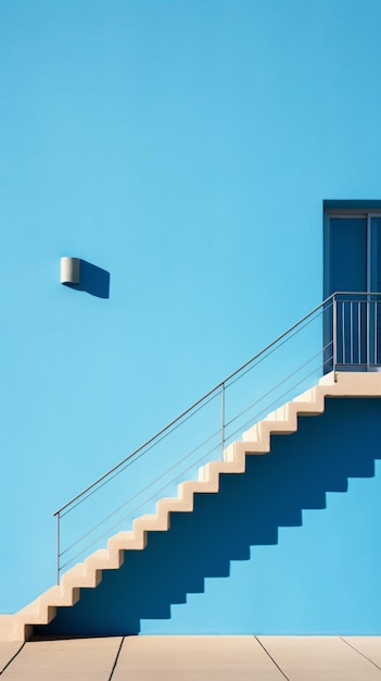 a blue wall with a stair and a window