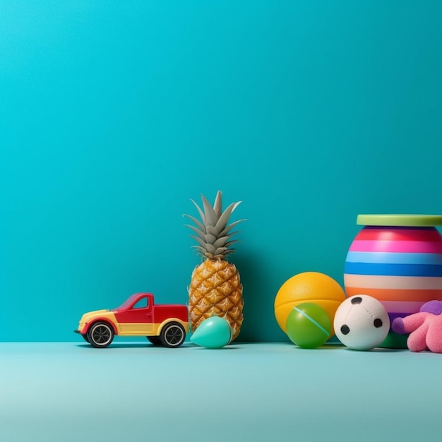 Photo a blue wall with a toy car and a toy car on it.