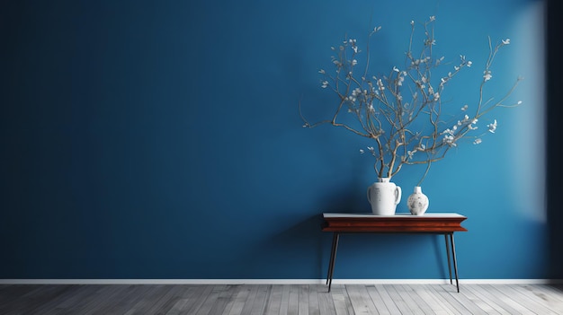 A blue wall with a vase of flowers on it