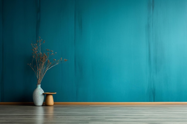 a blue wall with a vase with flowers in it and a blue background.