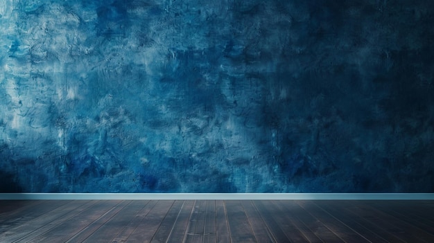 a blue wall with a wall of a room with a blue wall and a wooden floor