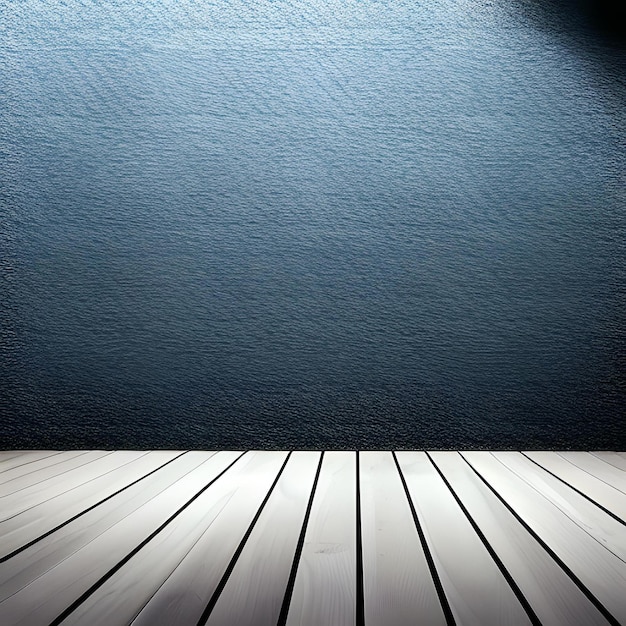 A blue wall with a wooden floor and a light on it.