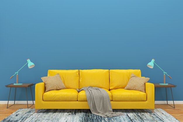 blue wall yellow sofa wood floor background texture lamp green