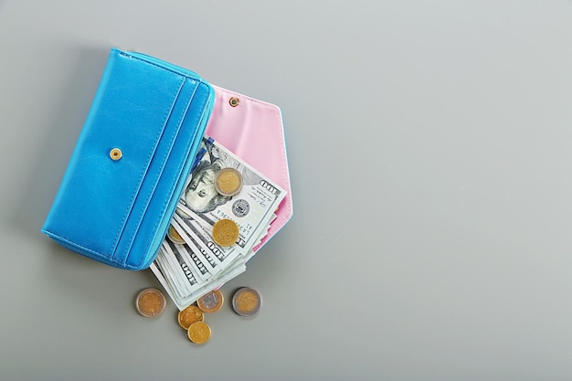 Blue wallet with dollar bills on the grey background