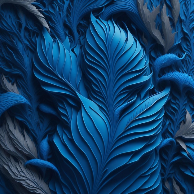 A blue wallpaper with a pattern of feathers and the words'blue '