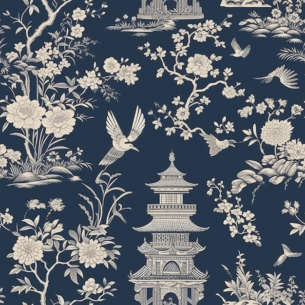 A blue wallpaper with a white and blue design that says oriental on it.