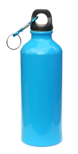 Blue water bottle over white background