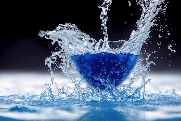 A blue water droplet is being poured into a glass.