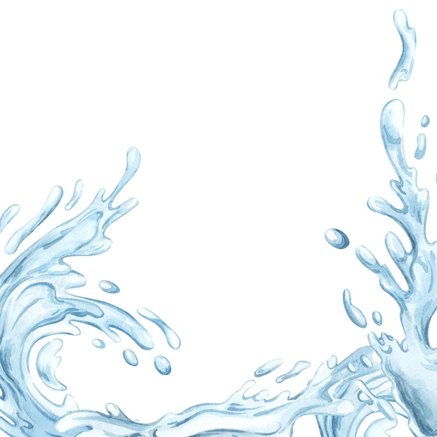 사진 파란색 물 프레임 스플래시 드롭 수채화 손으로 그린 플라이어 디자인 바다 날