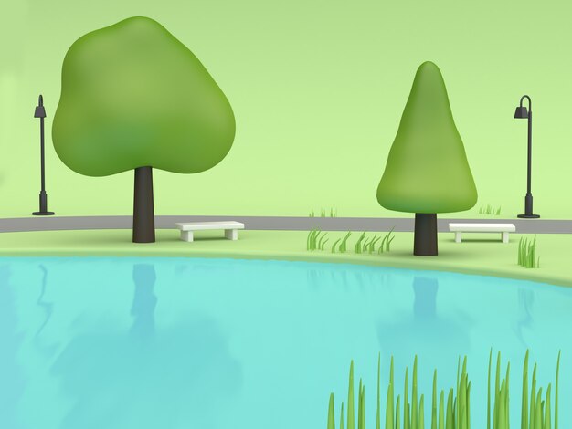 낮은 폴리 트리 만화 스타일 3d 렌더링 푸른 물 녹색 공원 여름 개념