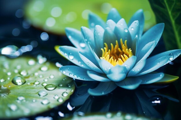 a blue water lily with water drops on it